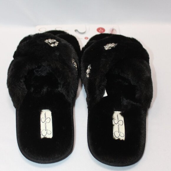 NWT Jessica Simpson Black Fur and Rhinestone Memory Foam Slippers - Picture 5 of 12